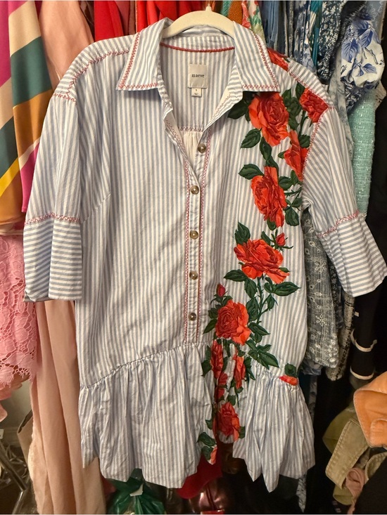 Maeve Dresses & Skirts - Maeve Blue & White Stripe Dress with Red Rose Embroidery